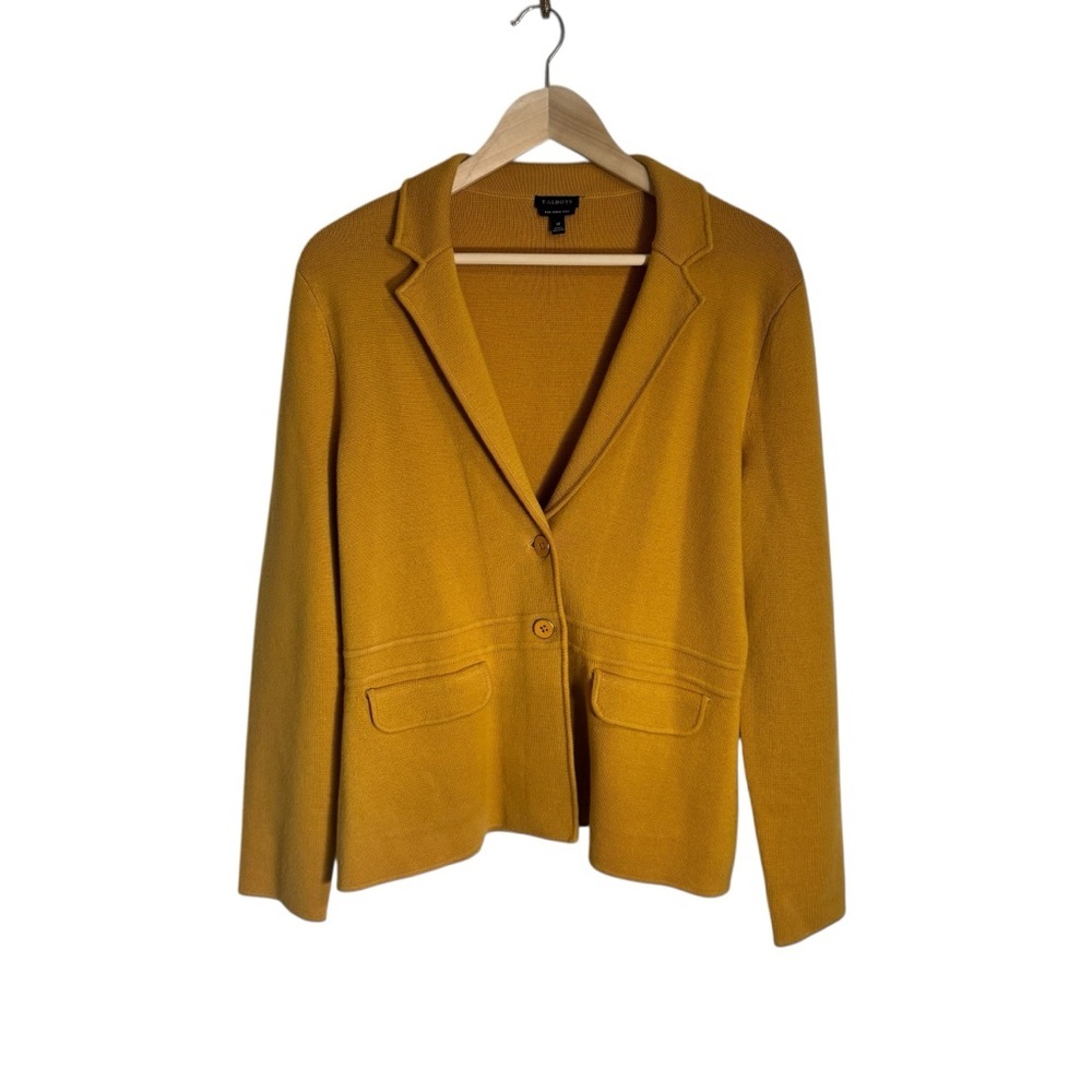 Talbots Women's Merino Wool Sweater Blazer Yellow Button Academia Size Medium - Picture 2 of 5
